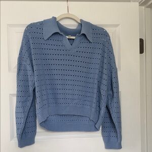 Blue Rain Light Blue Openwork Collared V-Neck Sweater